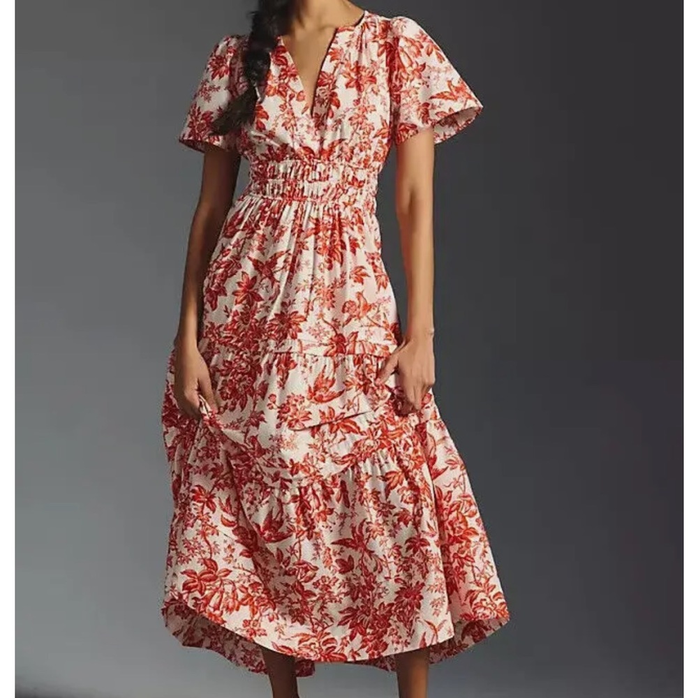 Anthropologie Somerset Tiered Maxi Dress Botanical Vines Leaves Red